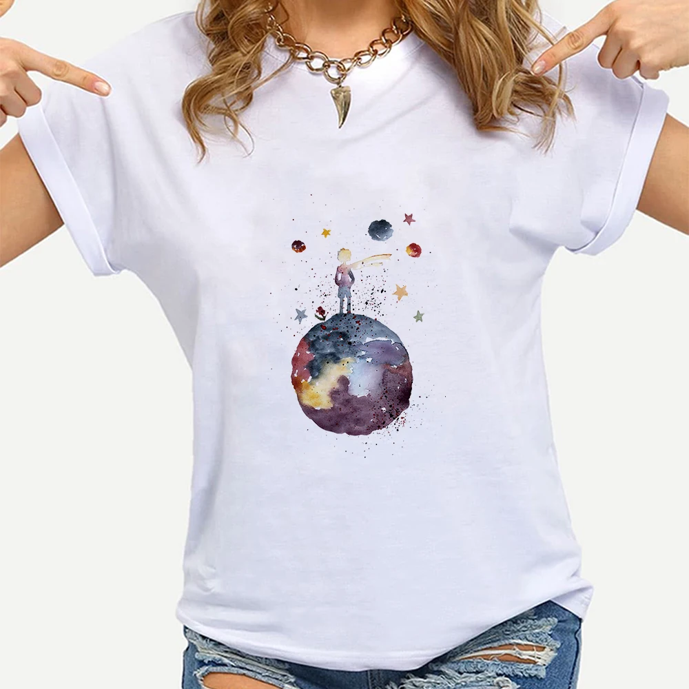 

White Tshirt Clothes Women Dream Earth Space Little Prince Stylish Happy Young Woman Elegant 2021 Summer Top Aesthetic Hipster