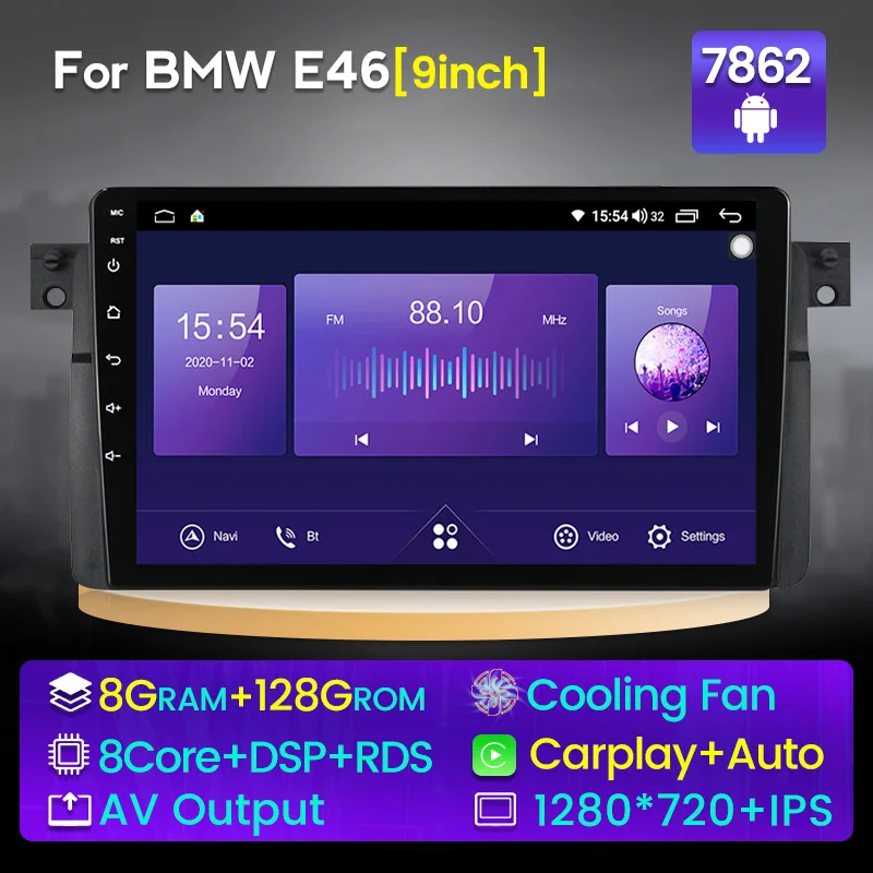 

9'' NaviFly Android 11 8+128G Car Radio Multimedia Player For BMW E46 320i 325i 323i 330i Carplay Auto 4G LTE Cooling Fan Stereo