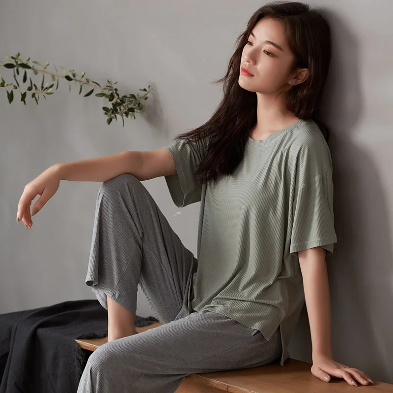 

Summer Modal Female Pajamas Set Sleepwear Solid Short Sleeve Top&Pant 2PCS Intimate Lingerie Sleep Suit Loose Lounge Home Wear