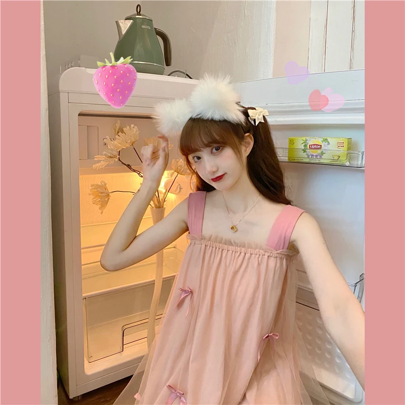 

Harajhpee Night Dress Woman Sweet Bowknot Strap Pajamas Female Summer New Style Japanese Wood Ear Loose Dress Homewear 2021