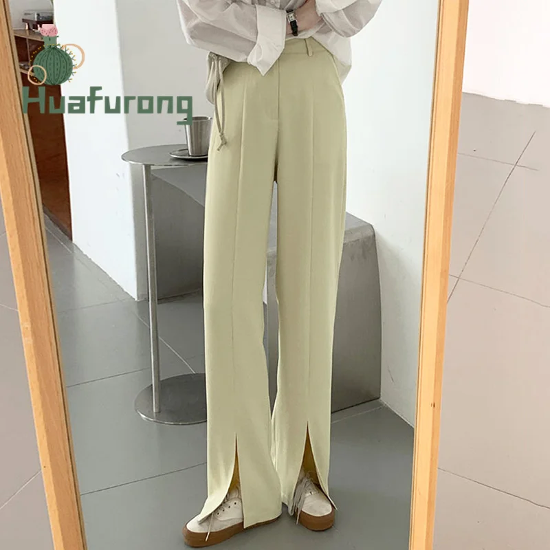 

2021 Summer Chiffon Long Legs Casual Split Wide-leg Pants High-waisted Straight Drape Suit Trouser With Elastic Waist