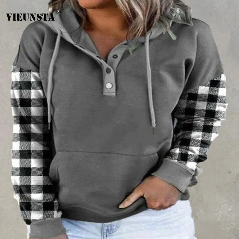 

Vintage Plaid Print Patchwork Hoodies Women Fashion Buttoned Drawstring Tops Pullover Autumn Winter Long Sleeve Retro Sweatshirt
