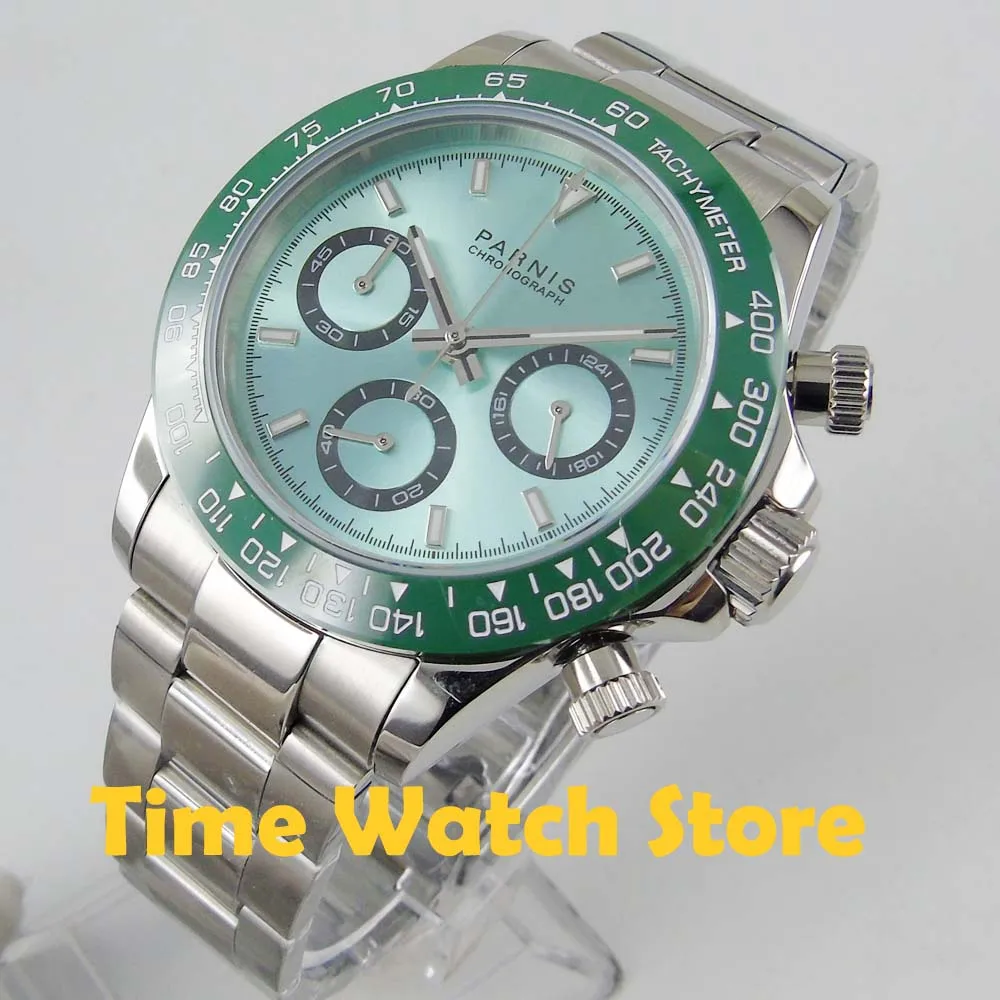 

39mm PARNIS Quartz wrist watch men sapphire glass waterproof blue dial 24 hours Chronograph luminous ceramic bezel SS bracelet
