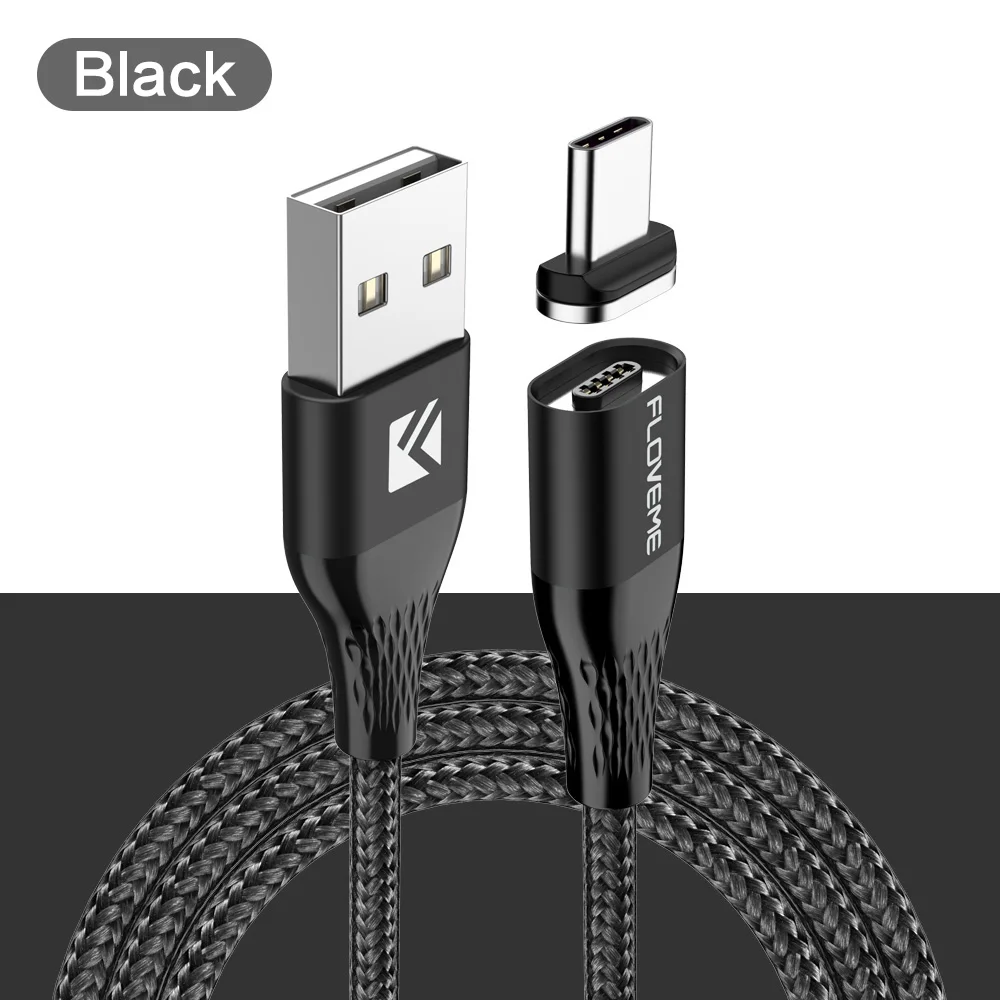 plug and cable black FLOVEME 1 м USB кабель type C Micro USB кабель провод для быстрого заряда нейлоновый СВЕТОДИОДНЫЙ Магнитный зарядный кабель для передачи данных Кабо 3 А магнитный для iPhone - Цвет: plug and cable black