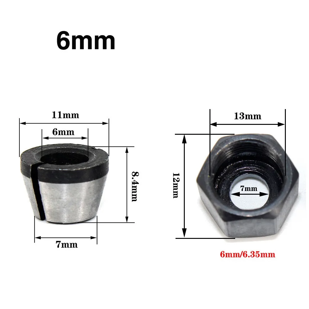 

6mm And 1/4\" 8mm Router Bit 3 * Router Bit Collet(6mm+6.35mm+8mm) 6mm/6.35mm(1/4\")/8mm 5*Mounting Nut Durable Useful