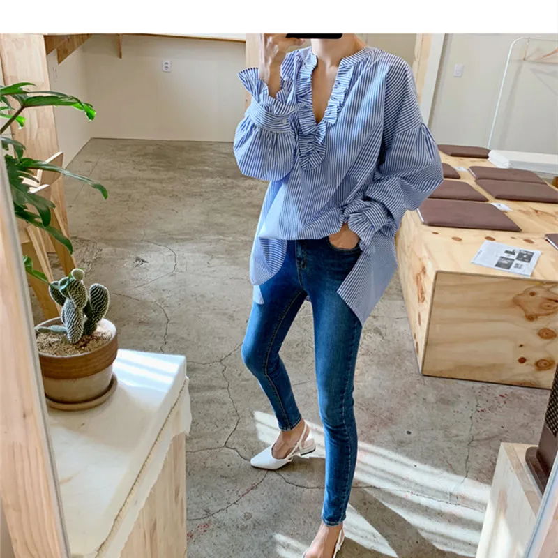 

OL Office Shirts Women Summer Spring Long Sleeve Blouses Ladies Vintage Striped Printed Bohemian Tops Streetwears