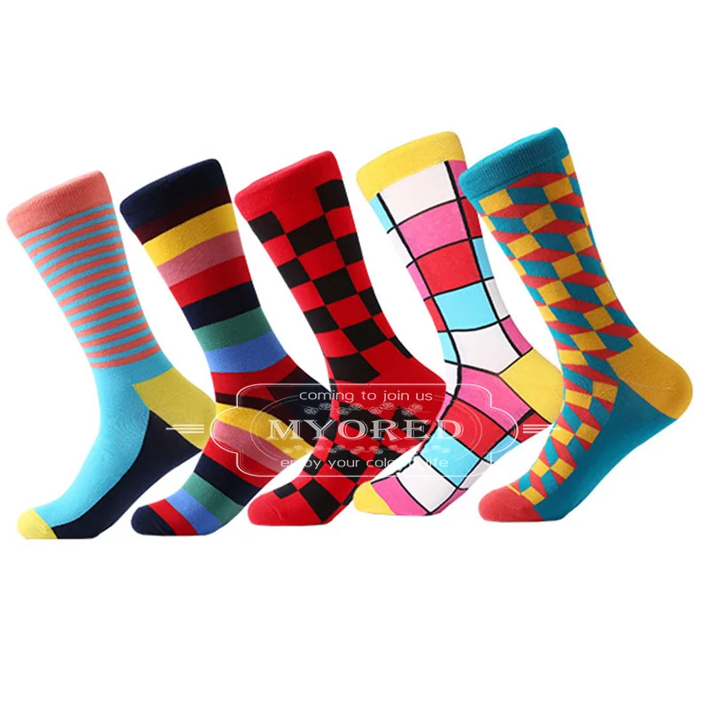 F055 MYORED, 5 пар, яркие, разноцветные, Роскошные, в полоску, с Аргайлом, мужские носки, чёсаный хлопок, трендовые, свадебные, забавные, Новинка - Цвет: F055