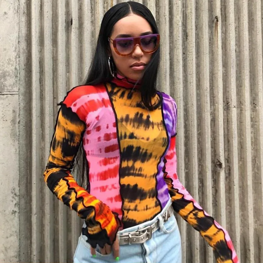 

Kalenmos Autumn Long-sleeved T-shirt Women Fashion Color Matching Print Turtleneck Lace Streetwear Tops Retro Shirts for Women