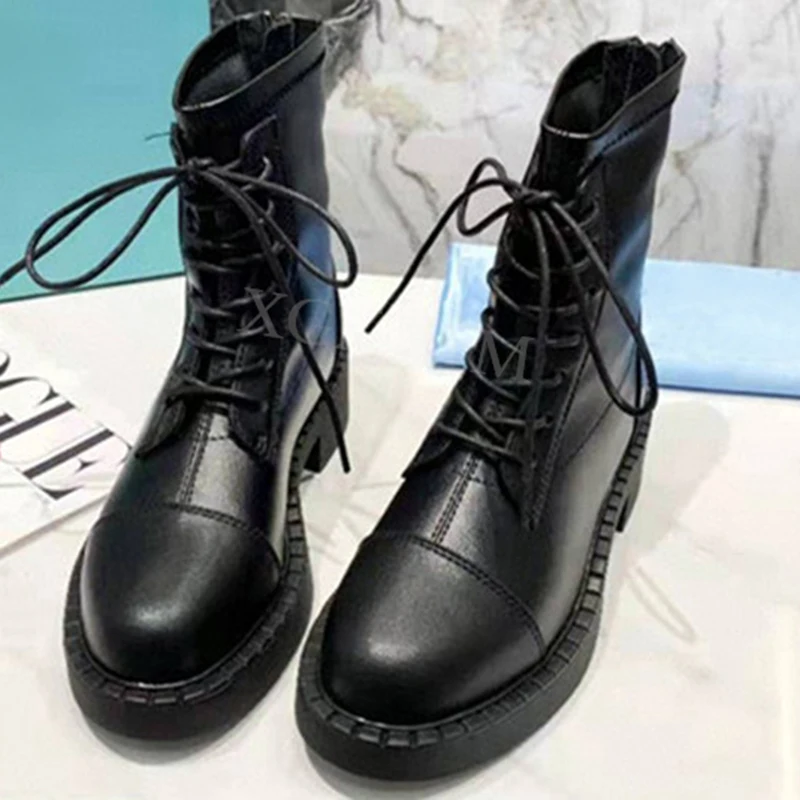 Beli Sepatu Bot Wanita Mode Baru Sepatu Bot Pertengahan Betis Kulit Asli Ritsleting Wanita Sepatu Bot Martin Renda Ujung Bundar Sepatu Bot Pendek Desain Mewah