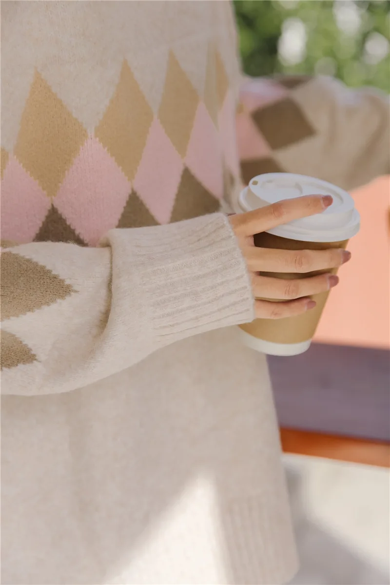 

2020 new Fashion knitting Korean Crew neck rhomboids sweater women Loose Leisure long sleeve tops Bottoming Simple