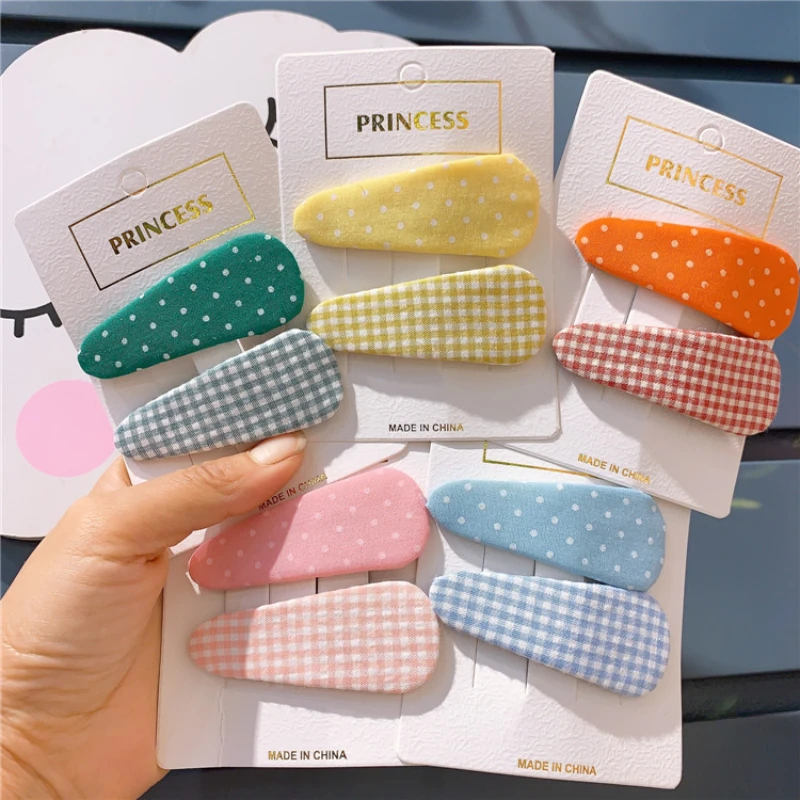 

2 Pcs New Children's Hairpin Headwear Kids Droplet Shape Simple Color Plaid Dot BB Clip for Girl Baby Hair Accessories