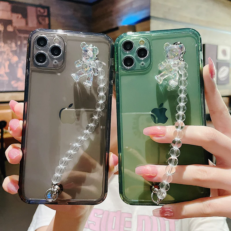 

3D Cartoon Bear Bead Chain Phone Case for iPhone 11 12 Pro Max 12 Mini XR XS Max X XS 7 8 Plus SE 2020 Anti-Slip Soft Cover