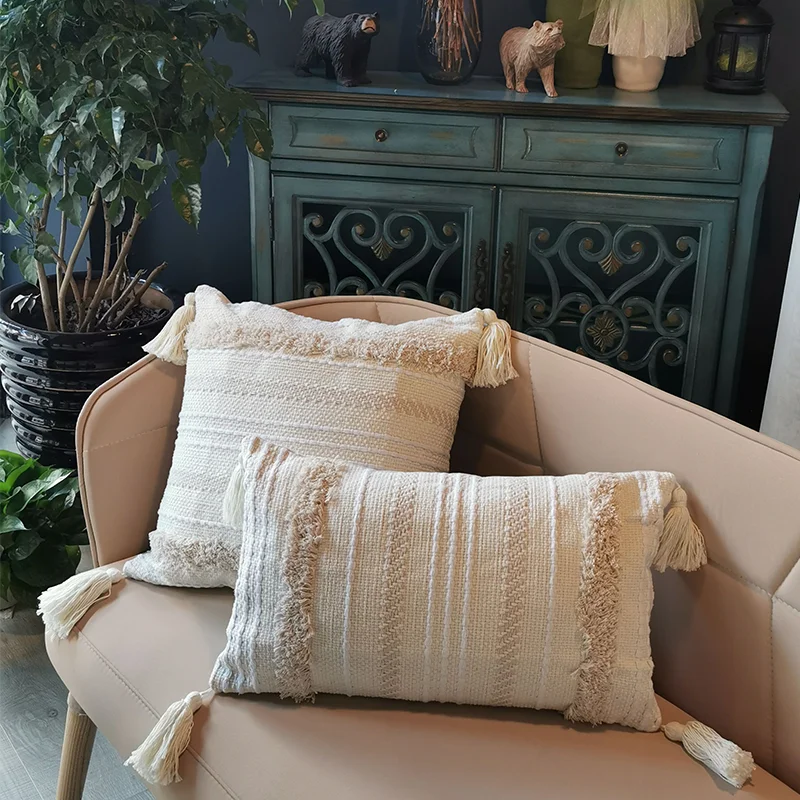 2 шт. cojines decorativos para sofa Morocco Геометрическая бежевая белая наволочка с кисточкой Рождественская наволочка для подушки Гарри стили