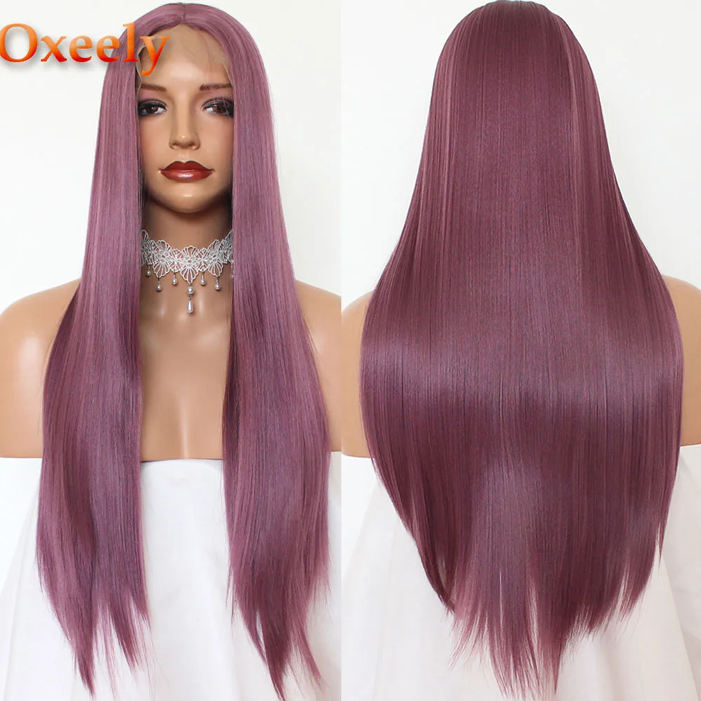 purple straight Oxeely серый парик длинные прямые синтетические кружева передние парики термостойкие 180 Плотность парик из натуральных волос для черных женщин - Цвет: purple straight