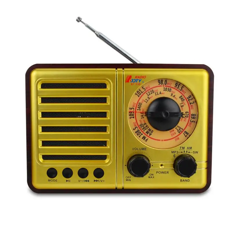 

2021 new FM AM SW retro bluetooth speaker wooden subwoofer with three-band radio AUX TF USB 2200mAH battery Speakers