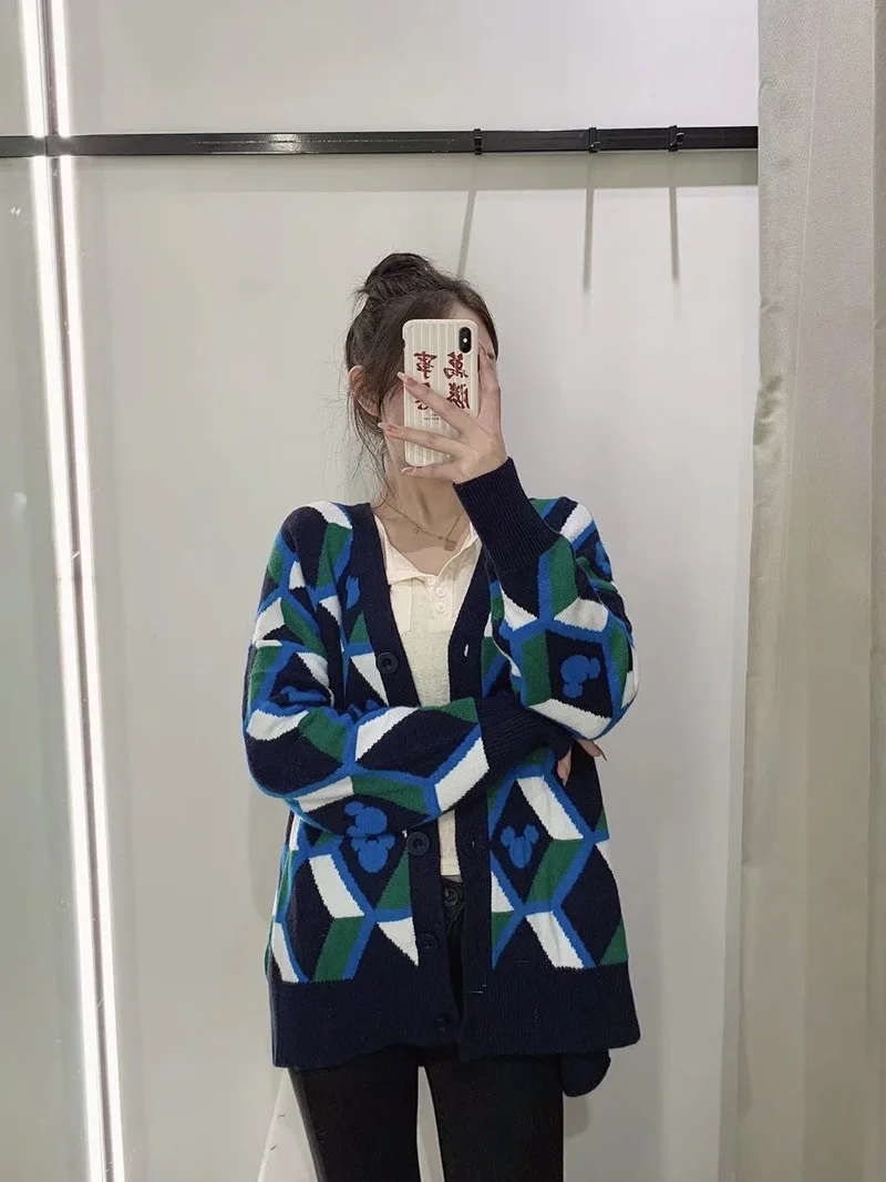 

Vintage Geometric Rhombic Cardigan Sweater Women Autumn Warm Long Sleeve loose Outerwear 2021 Elegant V-Neck Chic Knit Tops