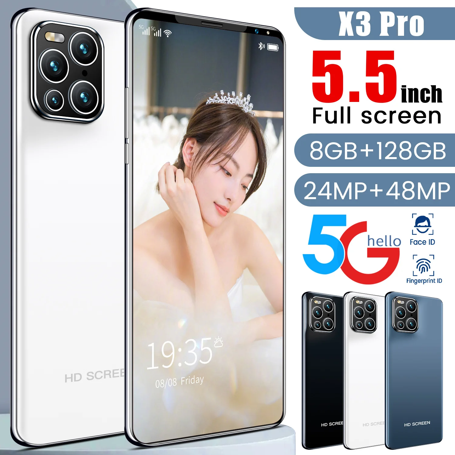 

New Arrival 2021 X3 Pro 5.5Inch 10Core Smartphone 5G 8+128G 24MP+48MP MTK6595 Fingerprint ID 4800MAH Android10.0