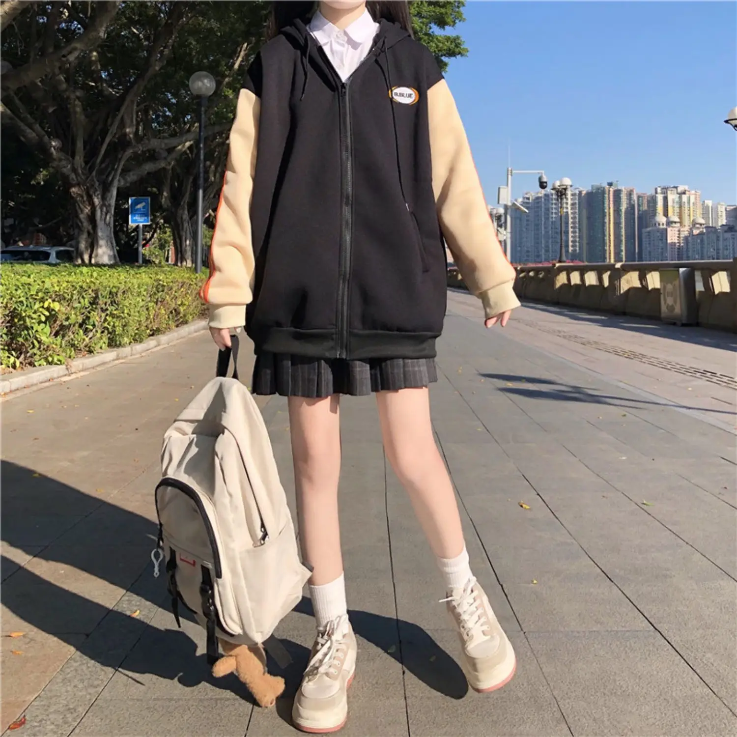 Harajuku Hoodies Casual Winter Sweatshirt Zipper Pocket Sweatshirt Solid Color Coating Korean Loose Wild Sweetshirt for Girls