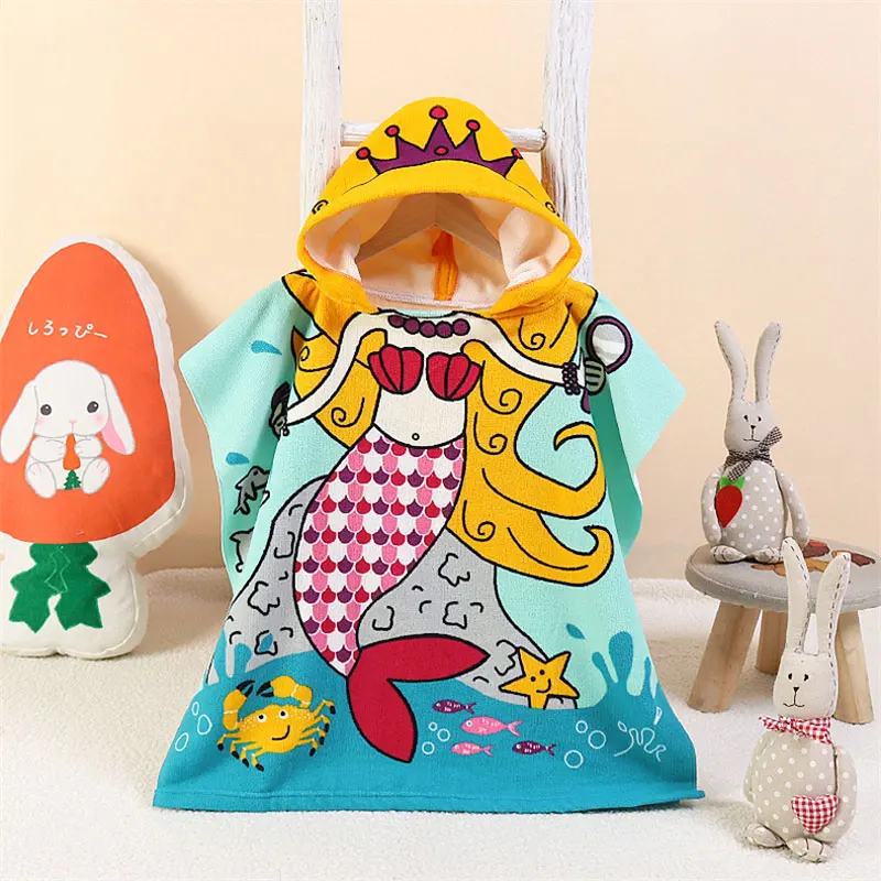 Детское хлопковое пляжное полотенце накидка детское банное с капюшоном рисунком