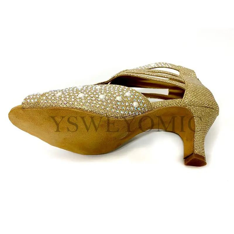 2021 Gold Women Dance Shoes Salsa Rhinestones Shoes Social Party Shoes for Female Samba Latin Dance Shoes Low Heel 6cm 2inch