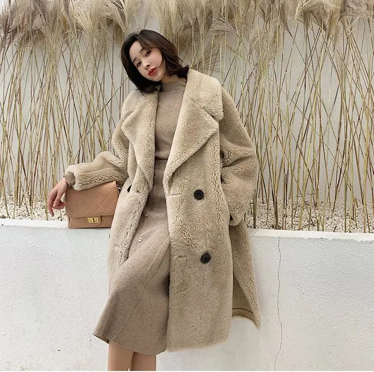 

Winter Straight Female 100% Sheep Wool V-Neck Double Breasted Casual Full Sleeve Streetwear Fashionable Fur Coat For Women