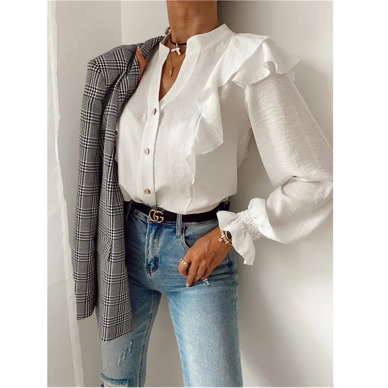 

Plus Size Oversized Casual Long-sleeved V-neck Button Women Solid Shirt Office OL Temperament White Top 2020 Ladies Slim Blouse