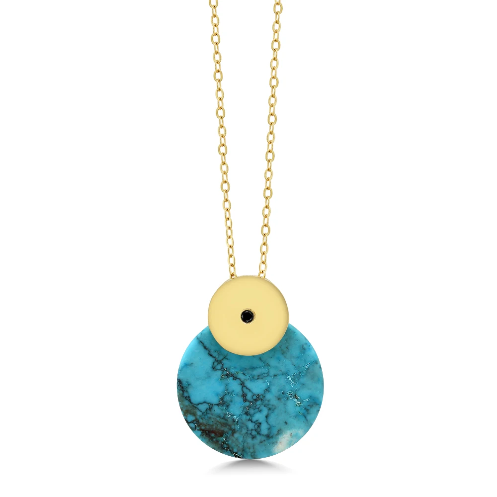 GemStoneKing Round Blue Simulated Turquoise 925 Sterling Silver Pendant Necklace For Women With Black Diamond Accent | Украшения и