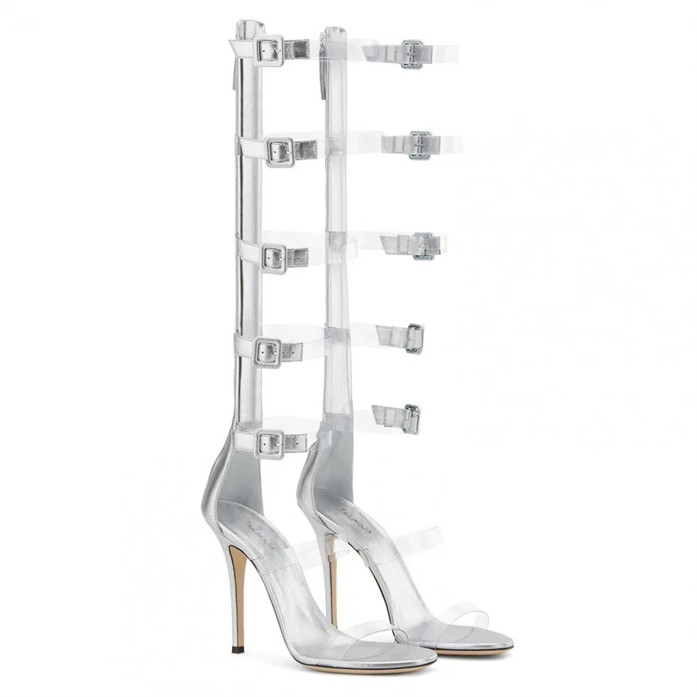 

Босоножки женские на высоком каблуке-шпильке, прозрачные сандалии из пвх серебристого цвета, модные вечерние туфли в римском стиле, большие размеры 45 46, лето