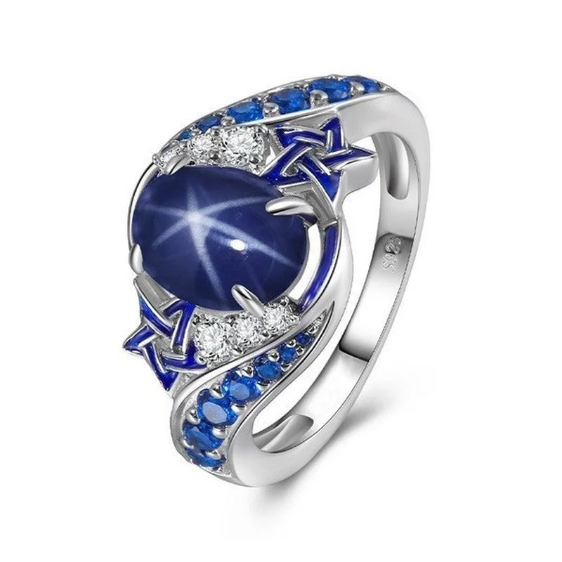 

Trendy Blue Oval Shaped Crystal Silver Color Ring Inlaid Rhinestone Zircon for Women Men Party Wedding Engagement Jewelry