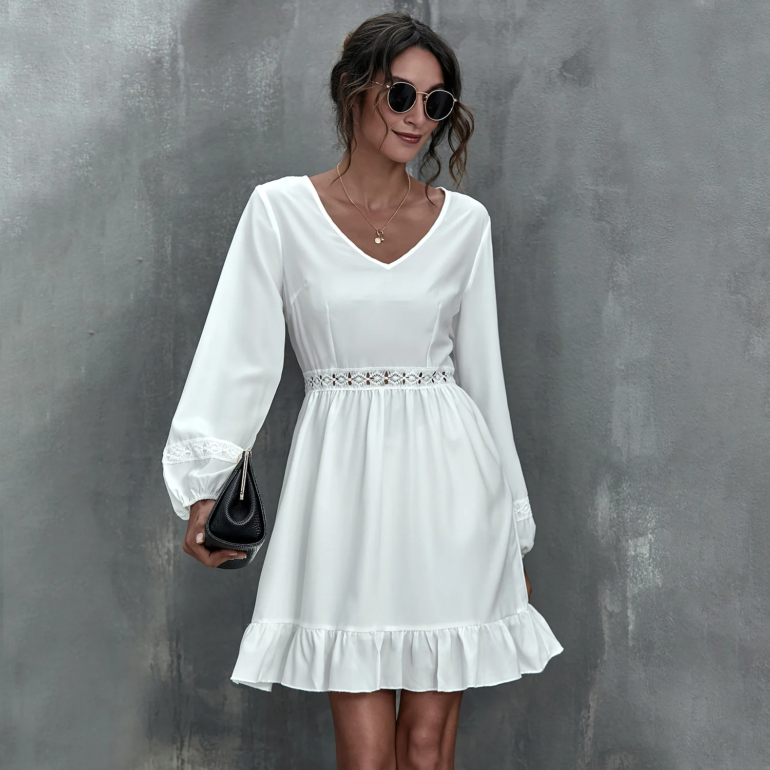 

Pure White Hedging High Waist Temperament Commuter Swing Dress 2021 Spring Summer Fashion Casual Long Sleeve Dress