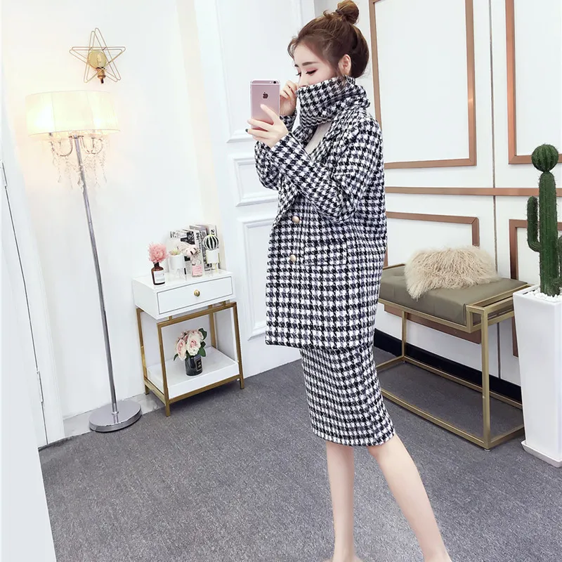 Осенне-зимний женский новый плотный модный клетчатый костюм с высокой талией и