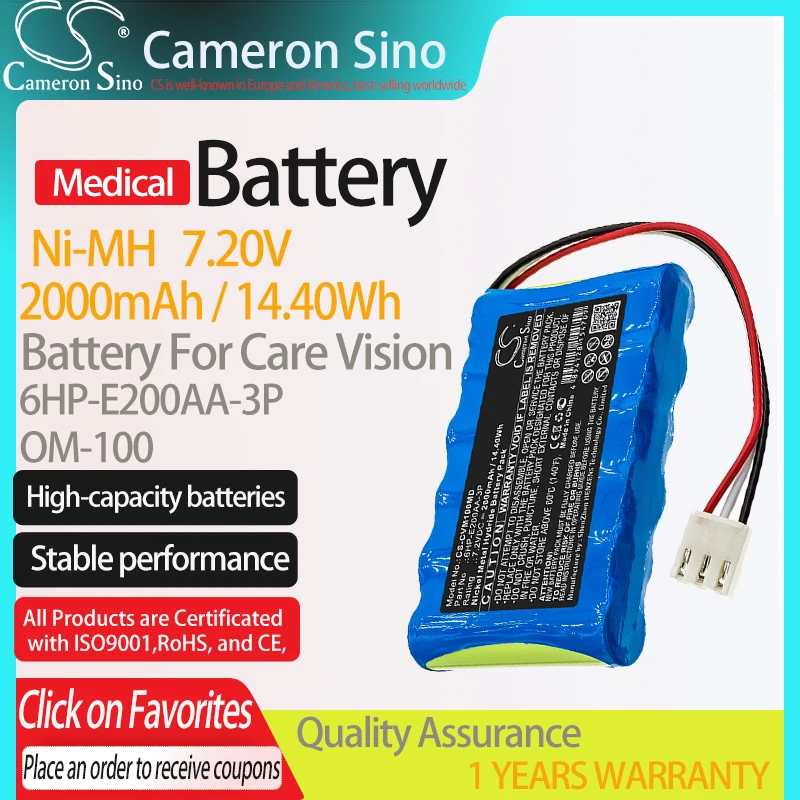 

CameronSino Battery for Care Vision OM-100 fits 6HP-E200AA-3P Medical Replacement battery 2000mAh/14.40Wh 7.20V Blue Ni-MH
