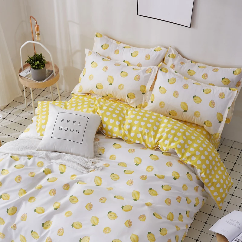 

2019 Yellow Lemon Prints Bedding Set 3/4pcs Kids/Adult Bed Linen Duvet Cover Bed Sheet Pillowcase Fruit Quilt Cover Sets Bedroom