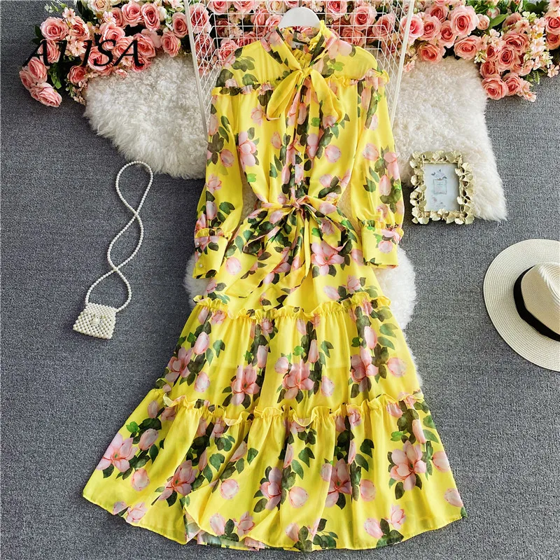 

New Women Elegant Party Dress Spring Autumn Bow-knot Lace-up Vintage Floral Dresses Ladies Puff Sleeve Print Bohemian Long Robe
