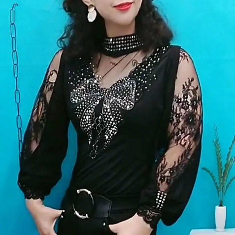 Женская Кружевная футболка винтажная Готическая рубашка с рукавами фонариками и