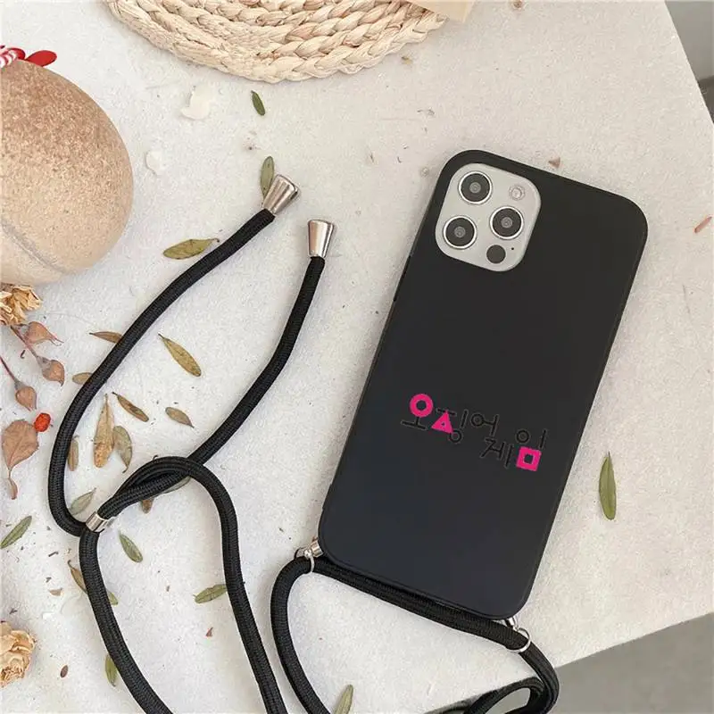 

Squid Game Phone Case For iPhone 7 8 11 12 X XS XR MINI Pro Max Plus Strap Cord Chain Lanyard soft Round Six 456 shell Korea