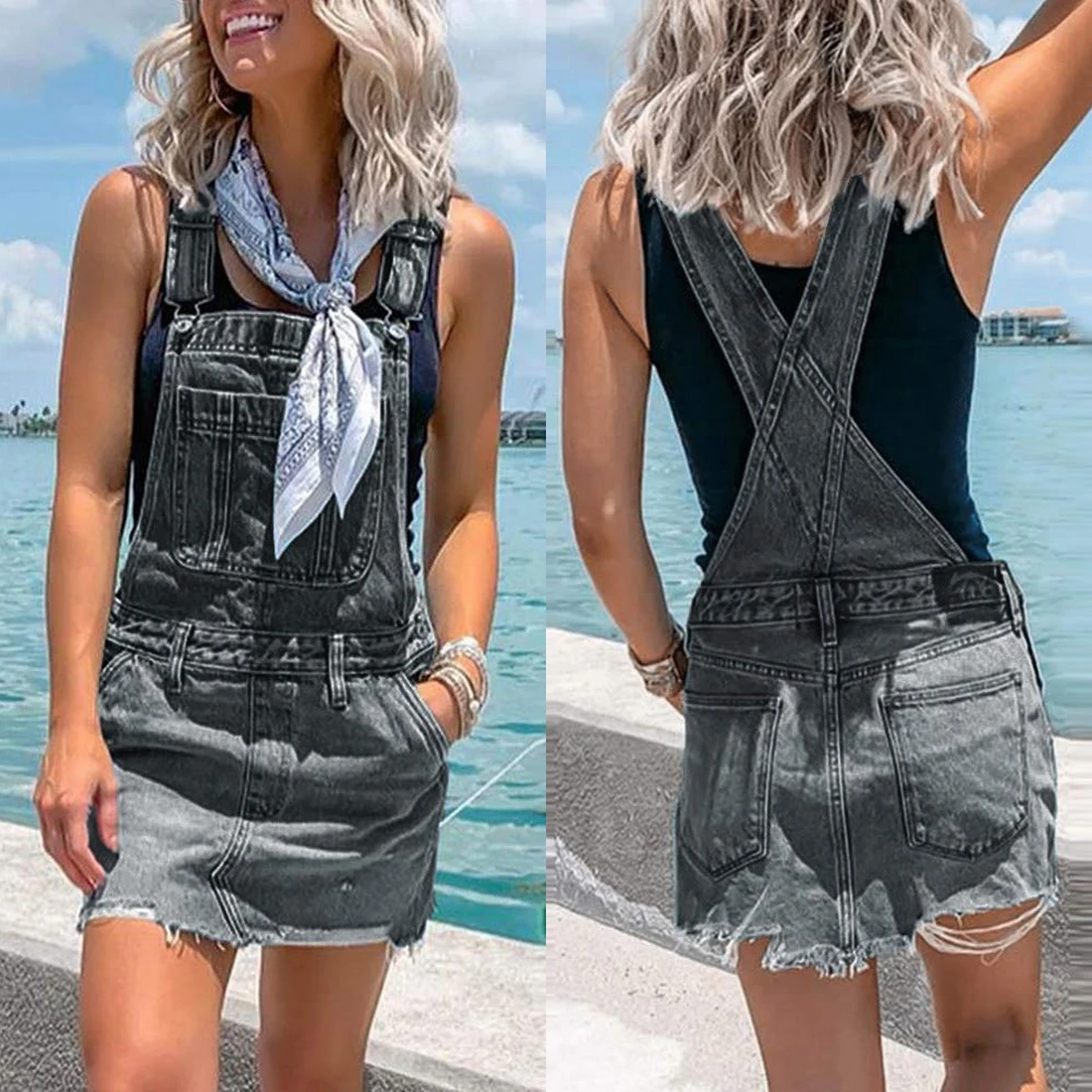 

Women's Casual Sleeveless Solid Front Pockets Denim Dress Overalls Bib Dress Flower Print A-line Dress Vestido Romper