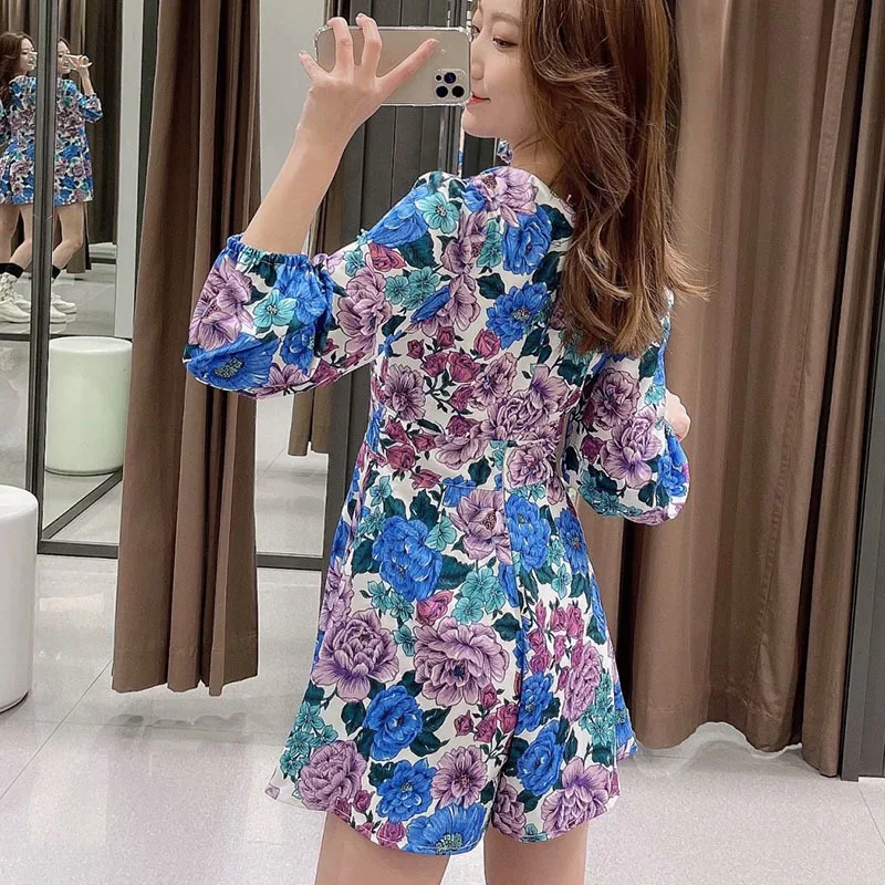 

Unua amo 2021 Spring Summer Jumpsuit Women V-neck Lantern Sleeve High Waist Slim Romper Fashion Floral Print Female Playsuits