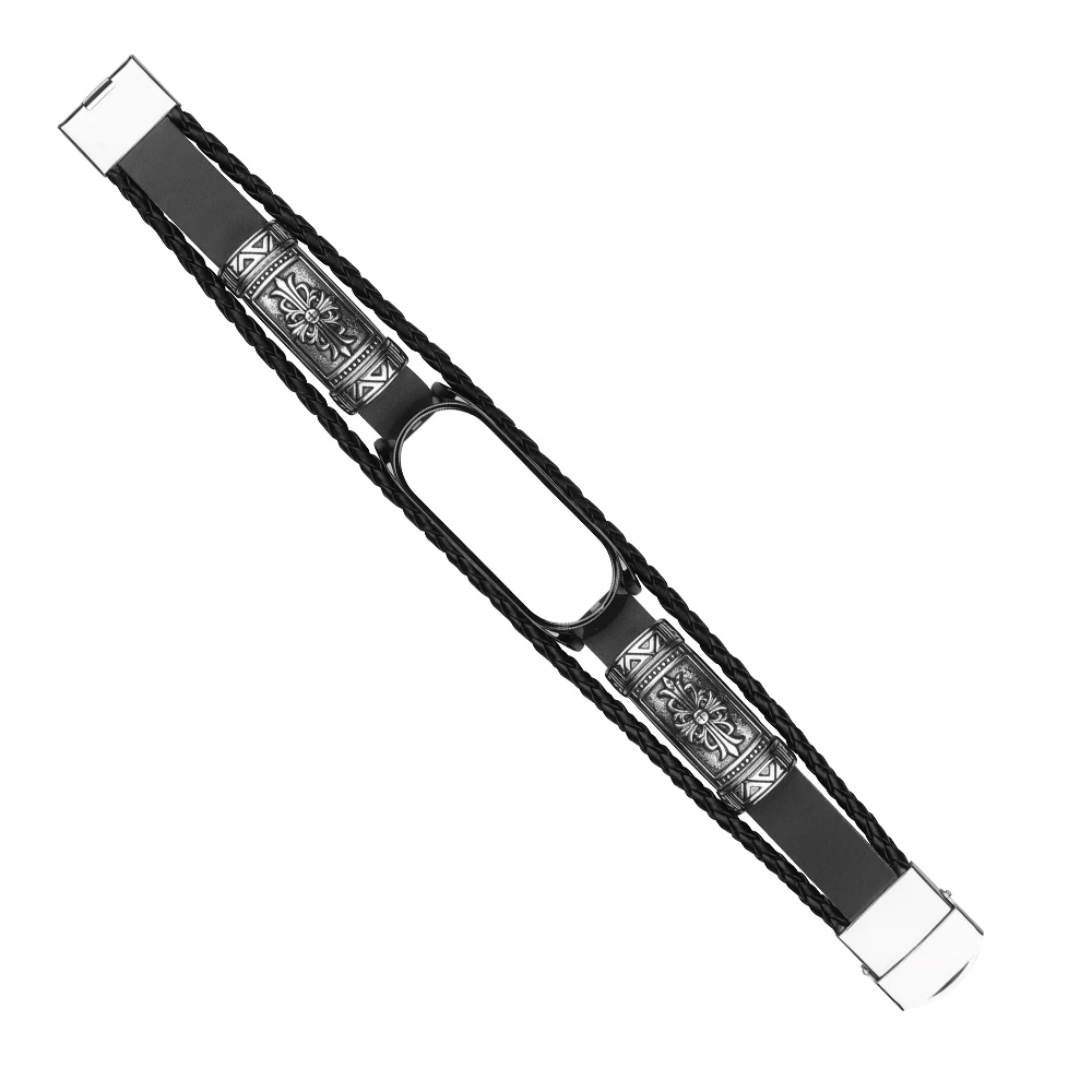 Кожаный плетеный браслет для Xiaomi Mi Band 5 4 3/5 NFC смарт-браслет с металлической рамкой