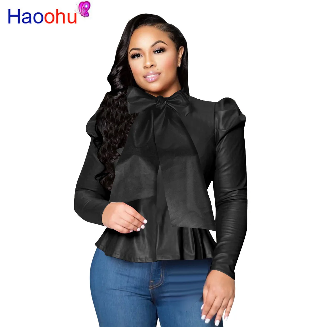 

Women Autumn Winter PU Leather Bow Ncollar Full Sleeve Solid Color Vintage Fashion Famme PU Top Streetwear 3 color