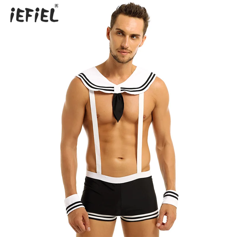 

Gay Mens Lingerie Sailor Cosplay Costume Uniform Sexy Underwear Exotic Set Elastic Suspenders Boxer Briefs with Collar and Cuffs