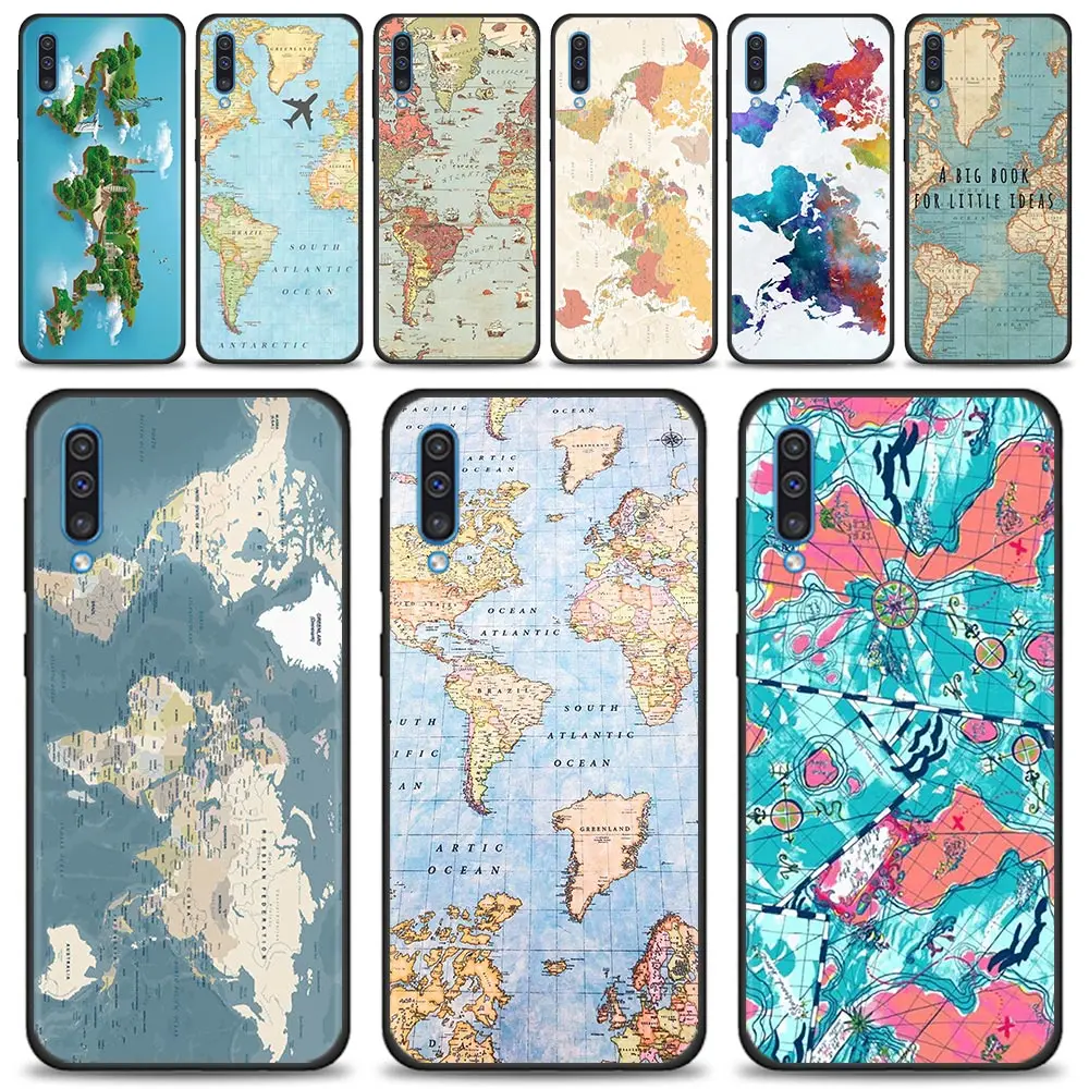 

Silicone Phone Case For Samsung Galaxy A50 A70 A10 A20e A30 A40 A20s A10s A10e A80 A90 A60 A30s Cover Shell world map