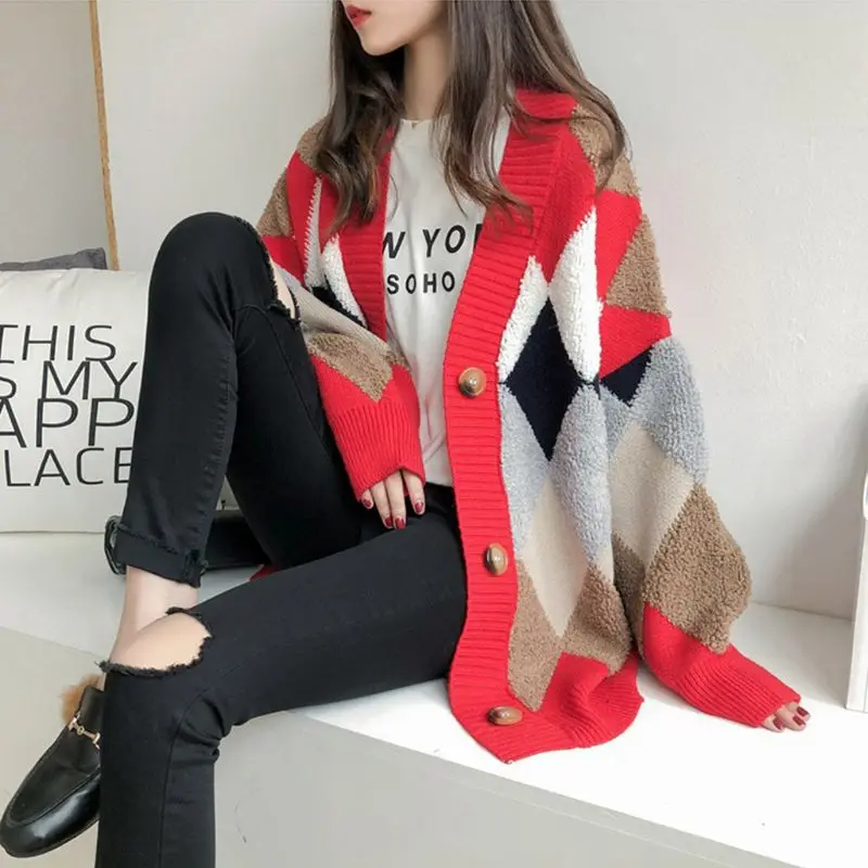 Женский кардиган с пышными рукавами и V образным вырезом ромбовидный клетчатый