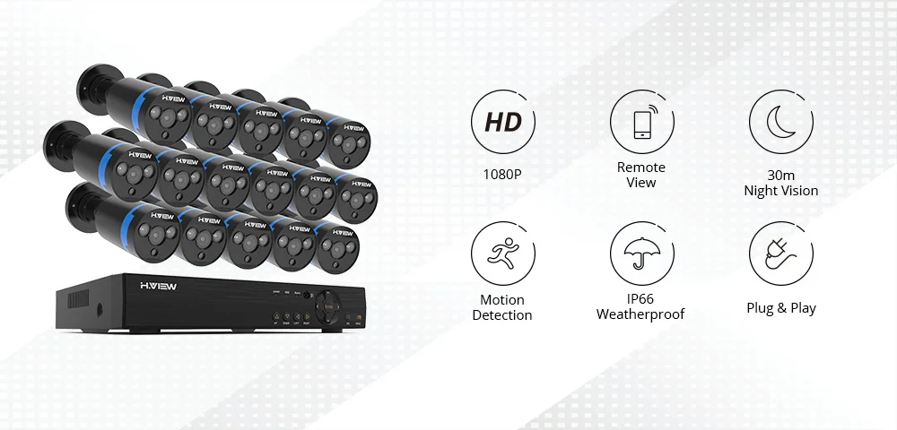 H. View 16CH система видеонаблюдения 16 1080P уличная камера безопасности 16CH CCTV DVR комплект видеонаблюдения iPhone Android Удаленный просмотр