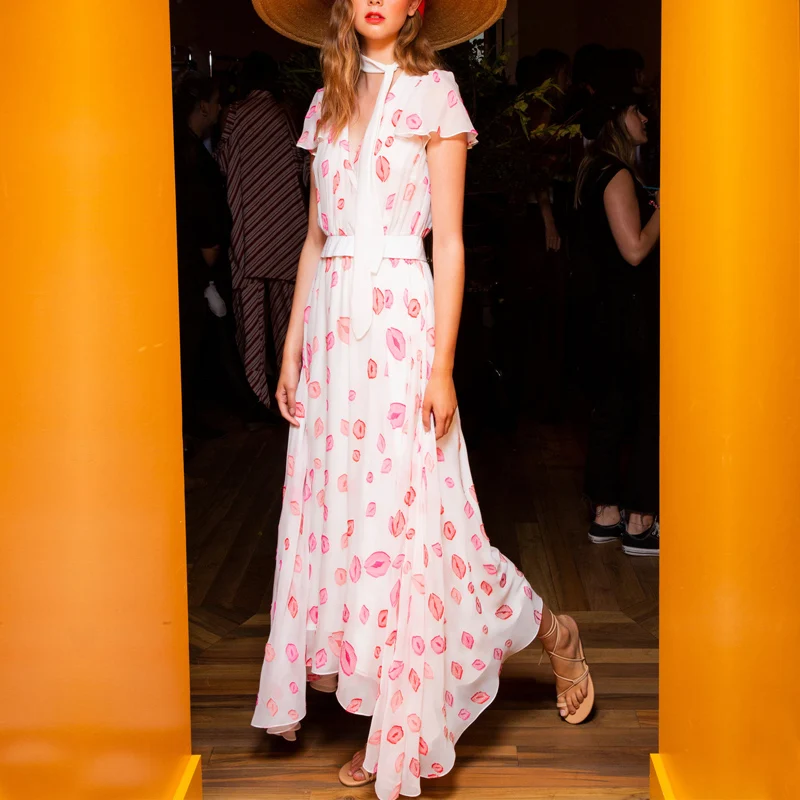 

Женское шифоновое длинное платье, летнее короткое Повседневное платье Vadim, украинское Платье с принтом губ, V-образным вырезом, 2020