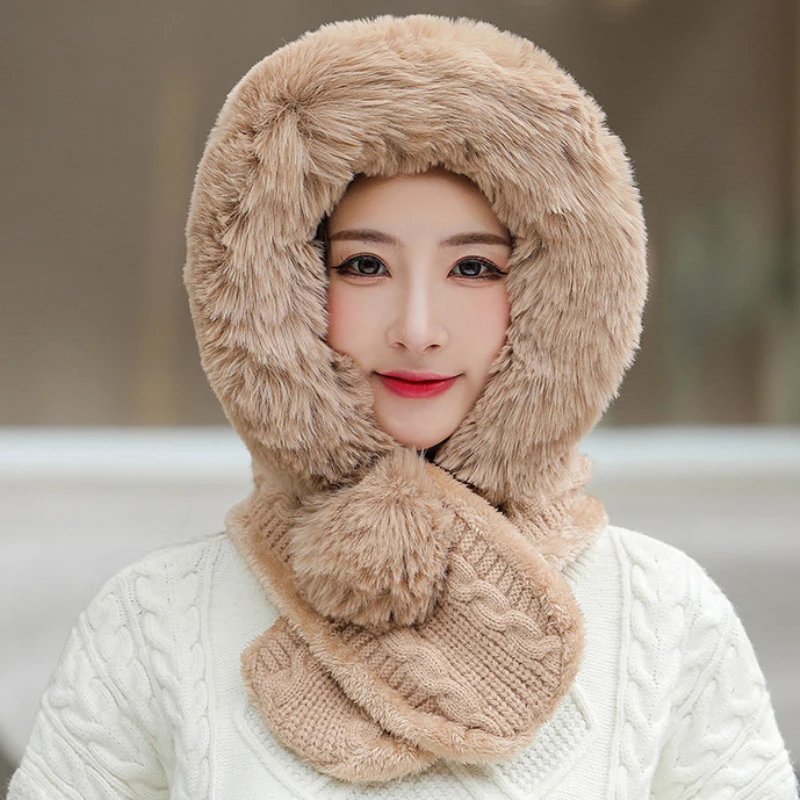 

HT3841 2021 New Winter Hat Scarf Set Women Thick Warm Russian Hat Lady Knitted Hat with Scarf Female Fluffy Fur Ski Earflap Cap