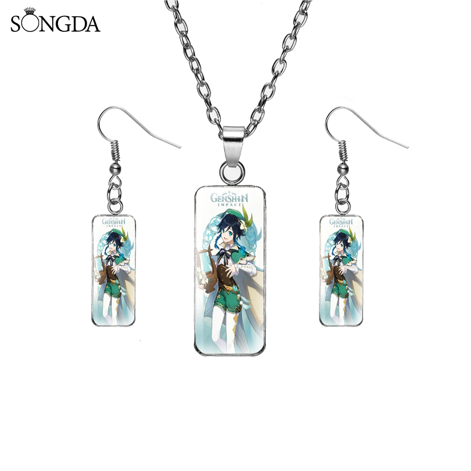 

Anime Genshin Impact Rectangular Glass Cabochon Dome Necklace Earrings Cartoon Cute Figures Jewelry Set for Teens Friends Gifts