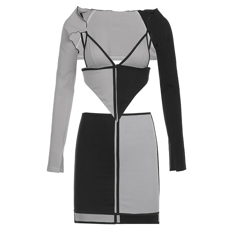 

Donsignet Fashion Women's Suit New Casual Sexy Contrast Color Stitching Hanging Neck Halter Strap Short Skirt Two-piece Suit