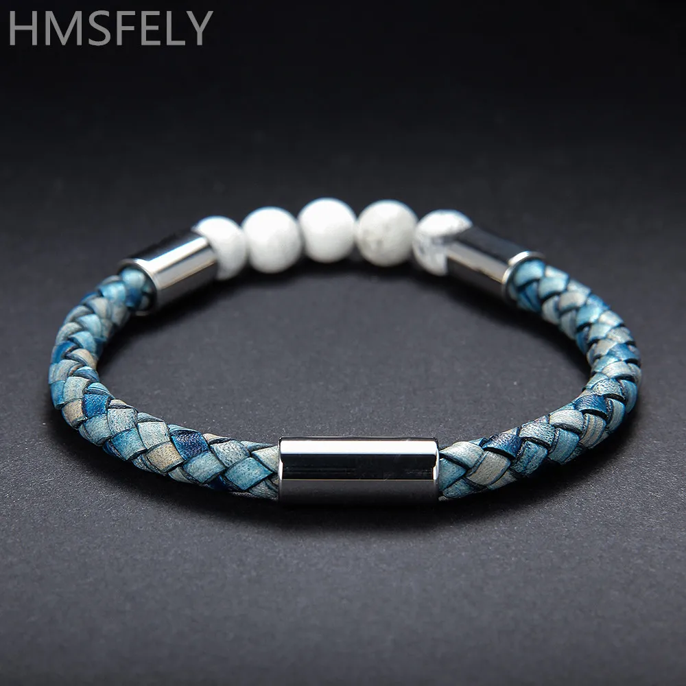 HMSFELY Ретро Стиль светильник синего цвета для мужчин из натуральной кожи браслет