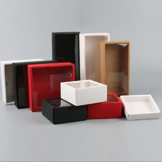 

10pcs Red/White/Black/Kraft Paper Box with Clear PVC Lid Handmade Soap Packaging Boxes different sizes Gift packagi